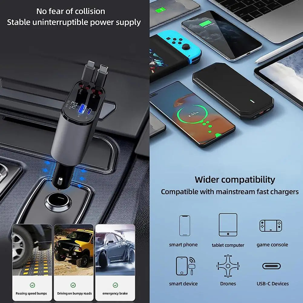 100W 4-in-1 Retractable Car Fast Charger