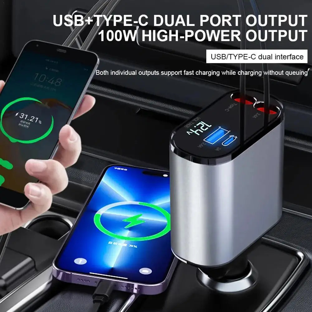 100W 4-in-1 Retractable Car Fast Charger