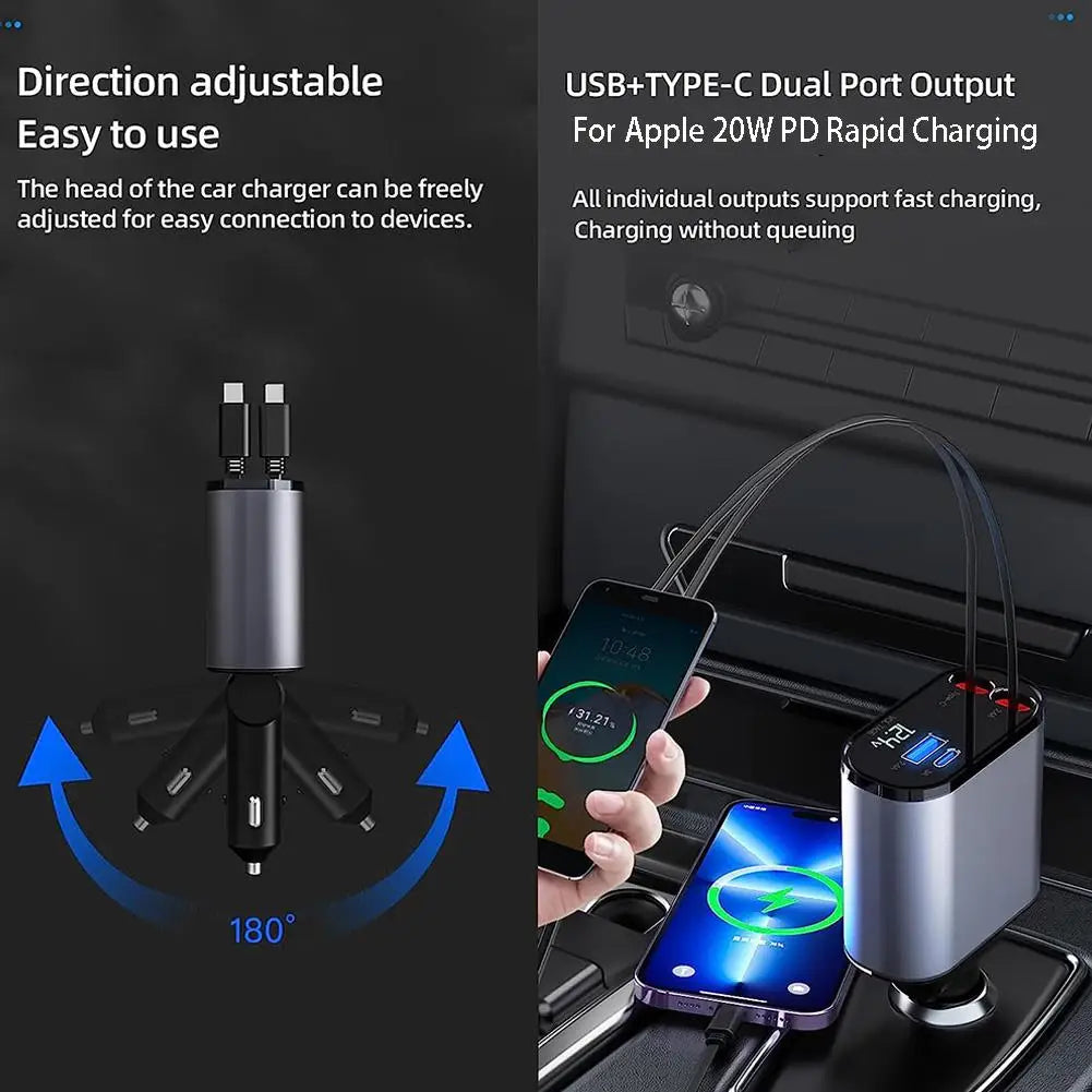 100W 4-in-1 Retractable Car Fast Charger