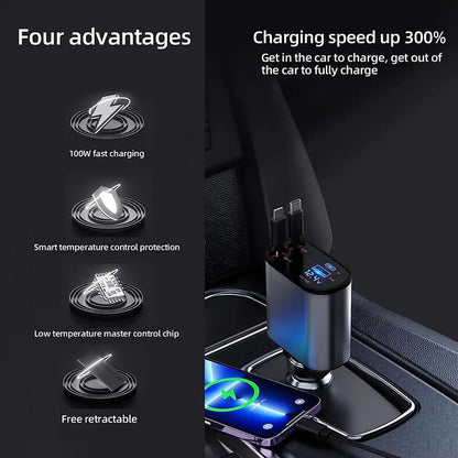 100W 4-in-1 Retractable Car Fast Charger