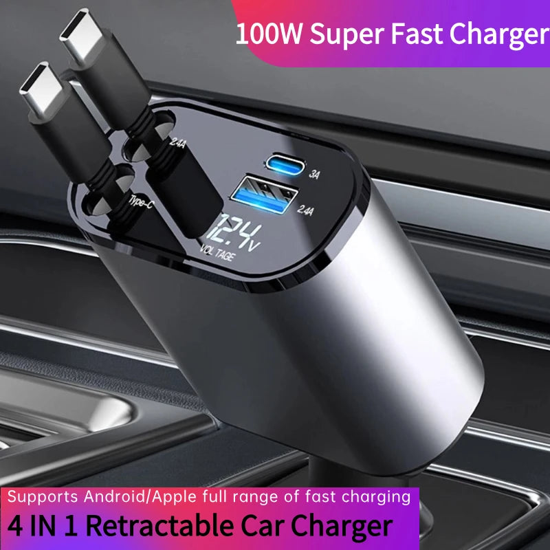 100W 4-in-1 Retractable Car Fast Charger