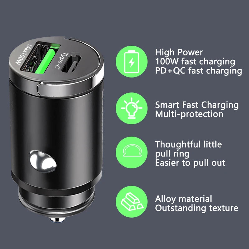 100W Mini Car Phone Charger USB Type C